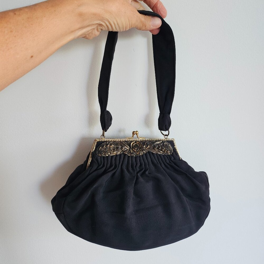 Vtg Black satin Evening Purse Gold Flower Filigree Frame Top Handle Kiss Lock